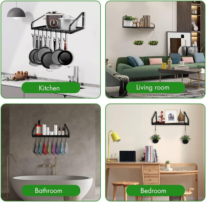 Hanging Pots & Pans Rack,Wall Mounted Pots Pans Organizer Holder Rack with 8 Hooks, Kitchen Wall Storage Organizer Hanger Shelves for Pans Set, Utensils, Cookware, Books, Household,Black