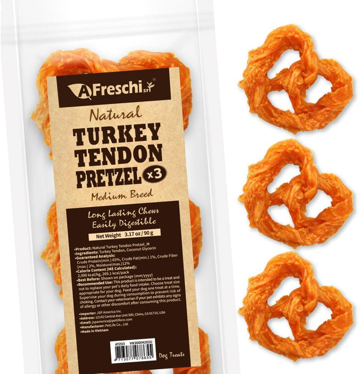AFreschi Turkey Tendons for Dogs, USA-Sourced, Healthy Dog Treats, Rawhide-Free Puppy Chews, Long Lasting, All Natural, Hypoallergenic Dog Treats for Medium Breeds, 20 Count Box Ring (M)
