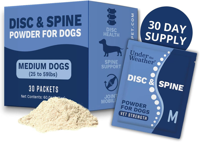Under The Weather Disc & Spine Health Powder for Dogs | Spinal Disc Support | Vet Formulated Dog Joint Supplement for Long-Backed Breeds | IVDD Dog Supplies | Chicken Flavor Packets for 30 Day Supply