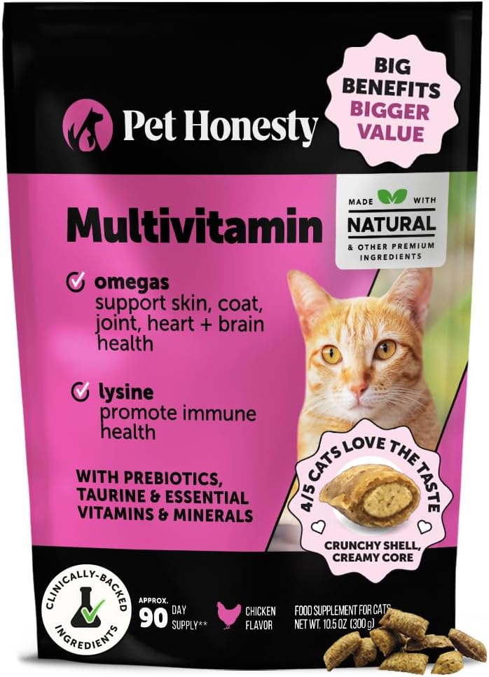 Cat Multivitamin Crunchy & Creamy Chews - Cat Treats for Health + Immune, Joint Support, Skin & Coat, & Digestion - Vitamins with Omega 3s, Lysine & Probiotics (30 Day Supply)