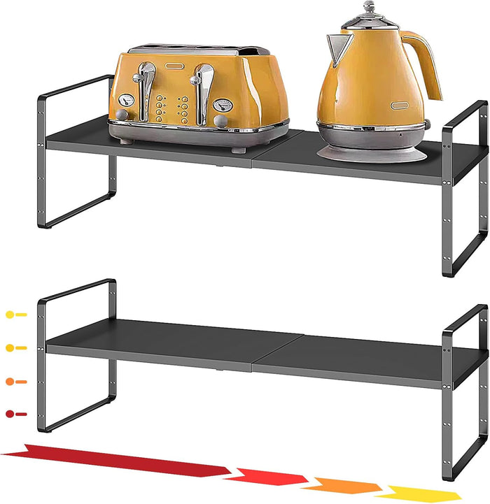 16.5~27.1" Expandable Shelf Organizer, 2Pack 8.1" Wide Stackable Cabinet Shelf Organizers, White Metal Sturdy Kitchen Counter Storage for Countertop, Adjustable Height Spice Rack
