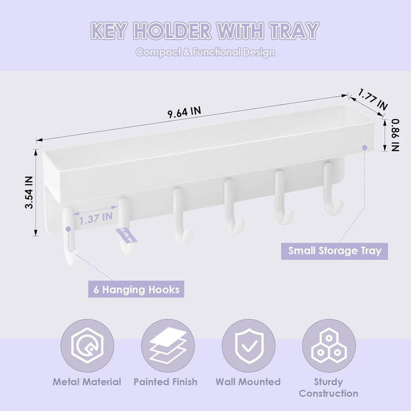 VIS'V Key Holder Wall Mount, Compact Adhesive Key Rack with Tray, 6 Hooks, 2 Mount Options, White