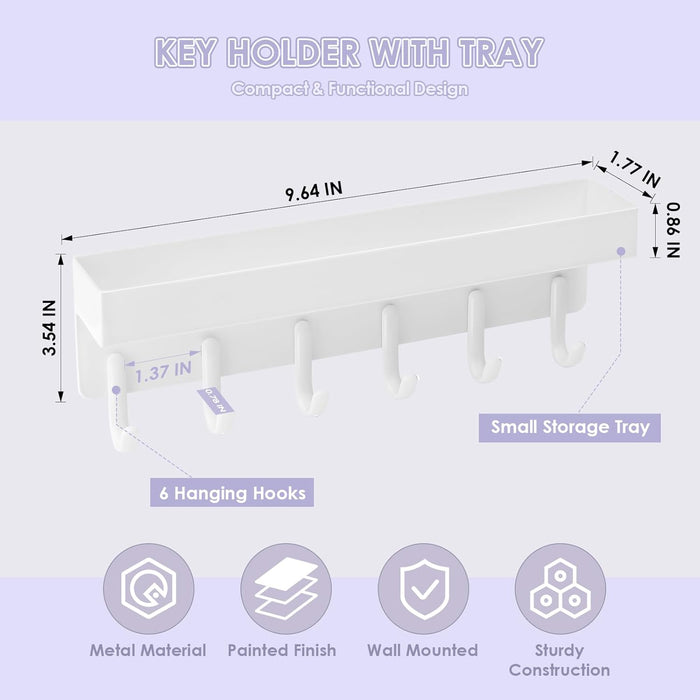 VIS'V Key Holder Wall Mount, Compact Adhesive Key Rack with Tray, 6 Hooks, 2 Mount Options, White
