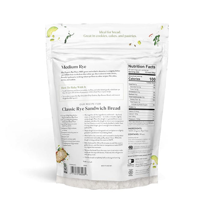 King Arthur Baking Organic Medium Rye Flour - 3 lbs for Complex Flavorful Breads & Baked Goods - 100% US Grown & Milled - Non-GMO Project Verified - Robust Flavor for Rye Bread, Cookies & More