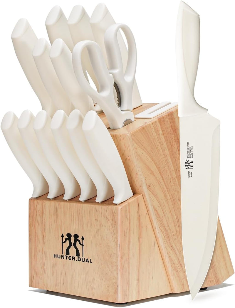 Knife Set, HUNTER.DUAL 15 Pcs Kitchen Knife Set with Block Self Sharpening, Dishwasher Safe, Anti-slip Handle, Black