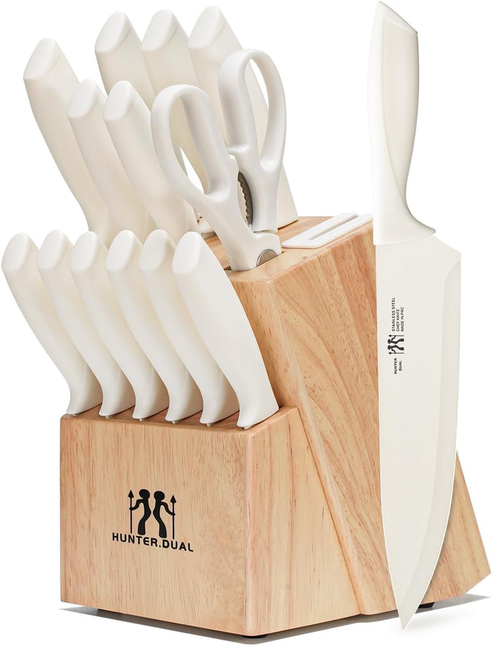 Knife Set, HUNTER.DUAL 15 Pcs Kitchen Knife Set with Block Self Sharpening, Dishwasher Safe, Anti-slip Handle, Black