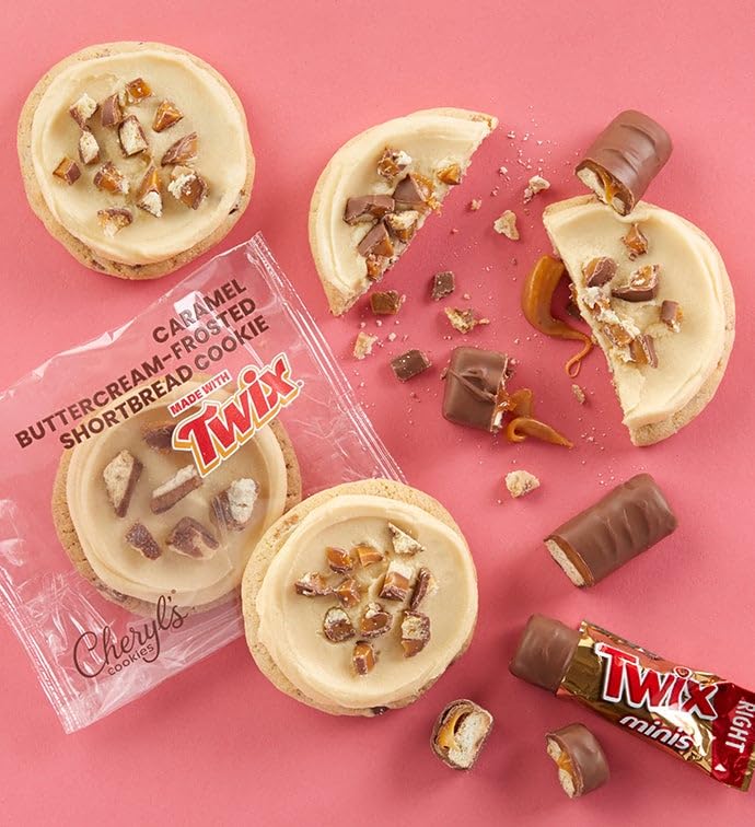Cheryl's Cookies Caramel Buttercream-Frosted Shortbread Cookies with TWIX® Cookie Bar Pieces, Kosher, Signature Gift Box, Individually Wrapped, Gourmet, Handmade, Any Occasion, Family, Friends, Loved Ones, 12 count