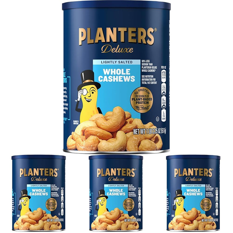 PLANTERS Deluxe Salted Whole Cashews, Party Snacks, Plant-Based Protein, Quick Snack for Adults, After School Snack, Roasted Cashew Flavored with Sea Salt, Bulk Nuts, Kosher, 1 lb 2.25oz Canister