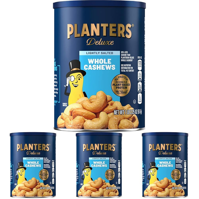 PLANTERS Deluxe Salted Whole Cashews, Party Snacks, Plant-Based Protein, Quick Snack for Adults, After School Snack, Roasted Cashew Flavored with Sea Salt, Bulk Nuts, Kosher, 1 lb 2.25oz Canister