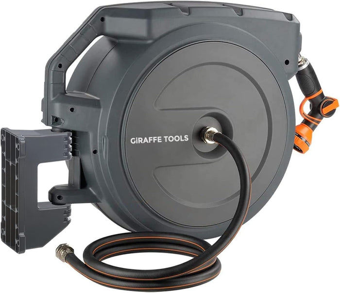 Giraffe Tools AW505/8 Retractable Garden Hose Reel 5/8" x 115+5 ft, Heavy Duty Wall Mounted Water Hose Reel Automatic Rewind, 180 Deg Swivel Bracket, Slow Retraction, 115ft, Dark Grey