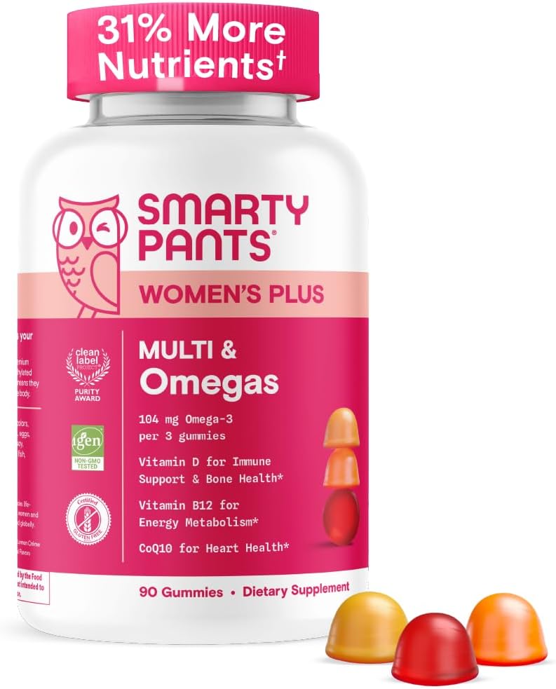 SmartyPants Women's Multivitamin Gummies: Omega 3 Fish Oil (EPA/DHA), Methylfolate, CoQ10, Vitamin D3, C, Vitamin B12, B6, A, K & Zinc, Inositol, Gluten Free, 180 Count (30 Day Supply)