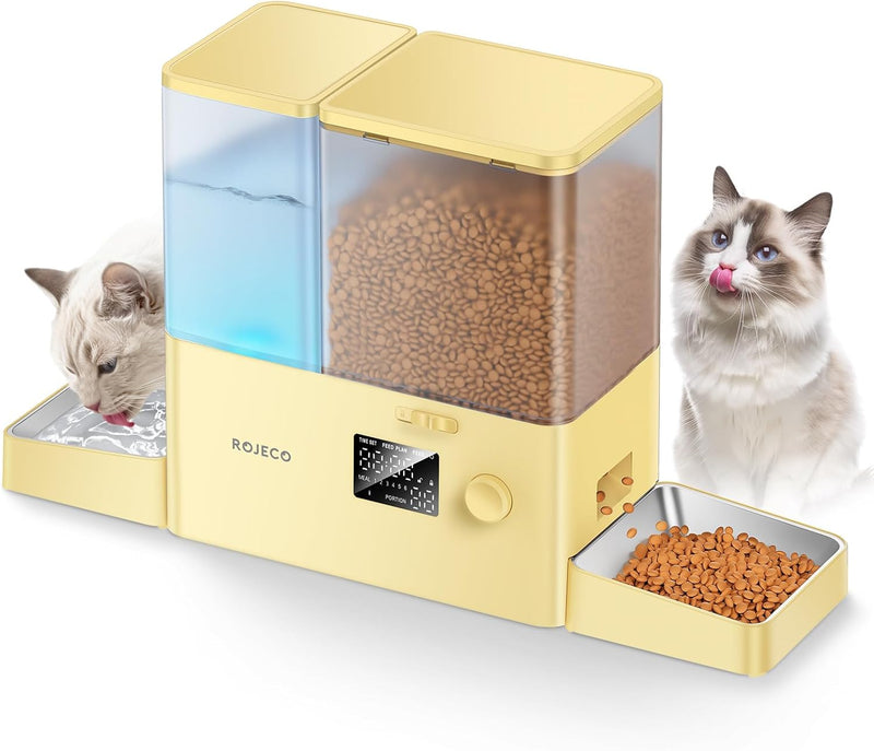 Rojeco 36Cups/8.5L Pet Automatic Cat Feeder and Gravity Water Dispenser,Stainless Steel Bowls 2-in-1 Set Large Capacity 5L Food Feeder and 3.5L Water Fountain for Cats,Pets,Small Dogs,Puppies,Kittens