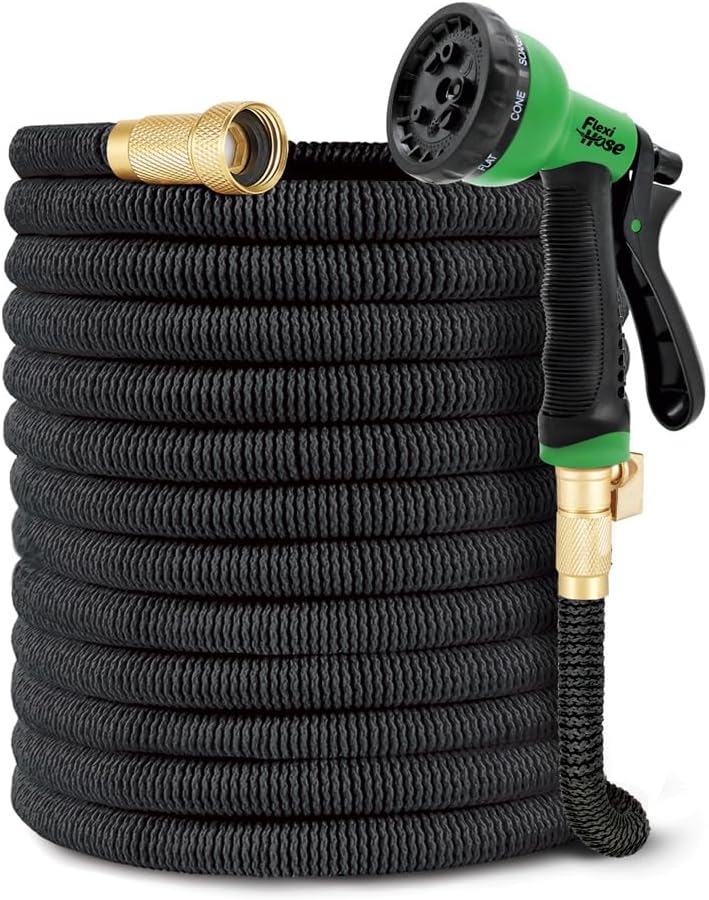 Flexi Hose PLUS with 8 Function Nozzle Expandable Garden Hose, Lightweight & No-Kink Flexible Garden Hose, 3/4 inch Solid Brass Fittings and Double Latex Core, 50 ft Black