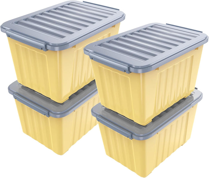 Nazhura 97 Quart Plastic Storage Bin, Stackable and Nestable Storage Boxes with Yellow Lids and Secure Latching Buckles, Large Storage Container (Black/Yellow, 97Quart-4Pack)