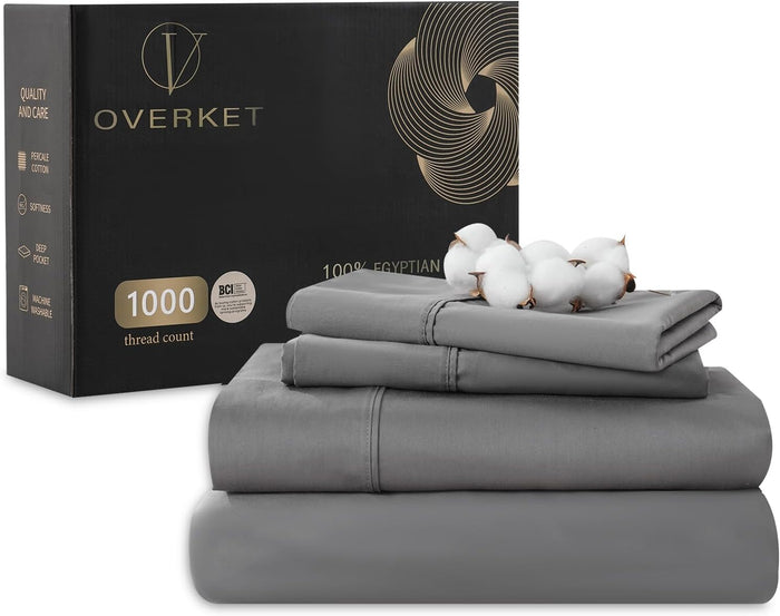 1000 Thread Count Egyptian Cotton Sheets Queen Size Set Sateen Weave Soft Breathable 16-Inch Deep Pocket 4PCS（Queen,Dusty Blue）