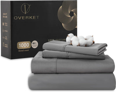 100% Egyptian Cotton Sheets King Size 1000 Thread Count Sateen Weave Soft Breathable 16-Inch Deep Pocket 4PCS（King,Dark Grey）