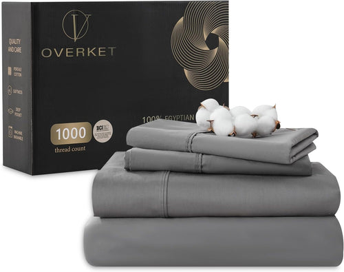 100% Egyptian Cotton Sheets King Size 1000 Thread Count Sateen Weave Soft Breathable 16-Inch Deep Pocket 4PCS（King,Dark Grey）