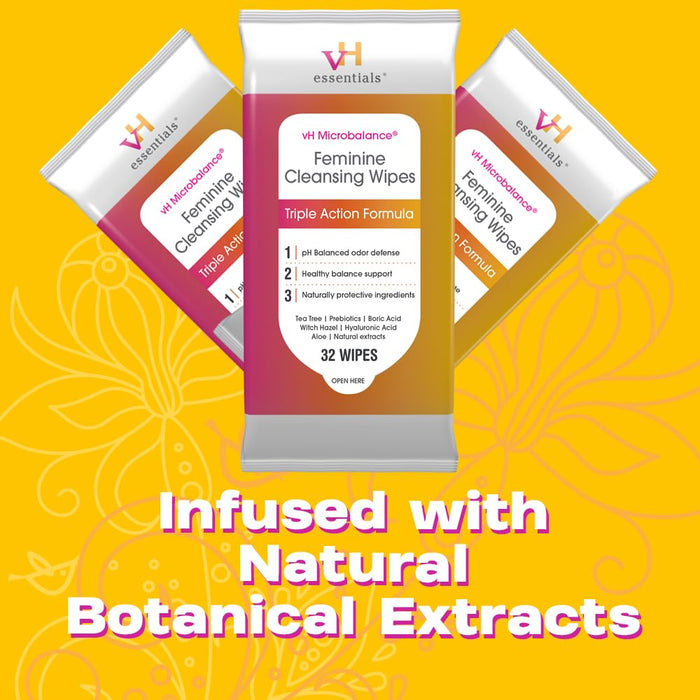vH essentials Feminine Cleansing Wipes 32 ct. pH Balanced, Prebiotics, Tea Tree & Aloe, Soothing Witch Hazel, Odor-Blocking Formula, Vaginal and Perianal Care, Paraben, Alcohol, and Fragrance-Free