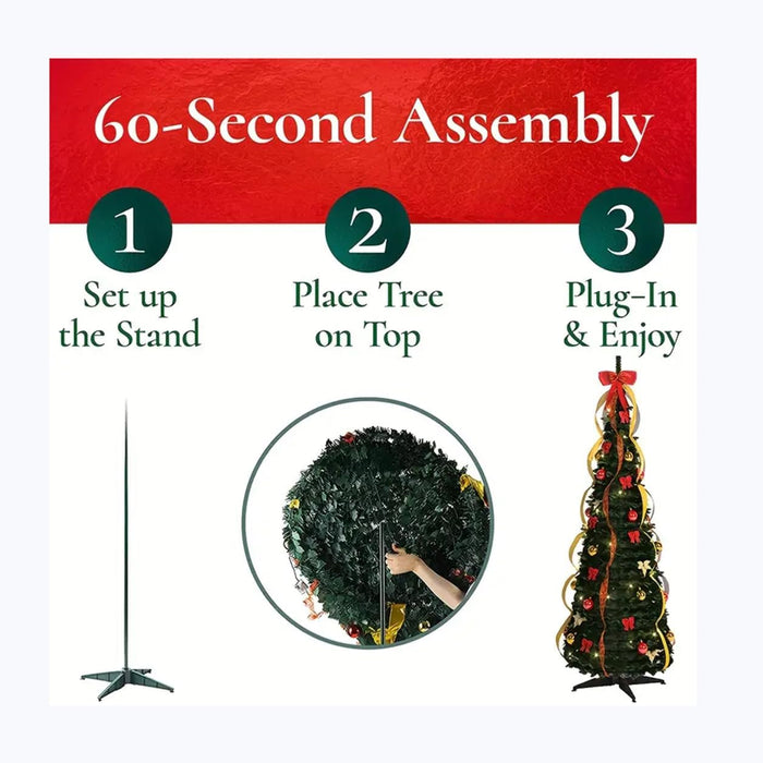 6 ft pre-lit Decorated Christmas Tree, 200 LED Warm Lights, pop-up Christmas Tree, Gold and red, PVC lit Christmas Tree