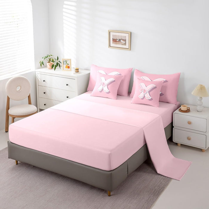 jejeloiu Dreamy Bow Bed Set, Twin Size, Decor Teen Girl Gifts Initial Letter X 7 Pieces Beeding Set, Monogrammed Ultra Soft Bed in a Bag with Comforter, Sheets, Pillowcases Kawaii Pink Fashion