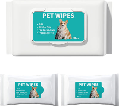 Pet Cleaning and deodorizing Anal Gland Hygiene Wipes for Dogs and Cats, Low allergenic, Cleans and moisturizes, for Grooming Paws, Body, and Rear, Fragrance-Free, 80+10+10 Value-Convenient Combo Pack