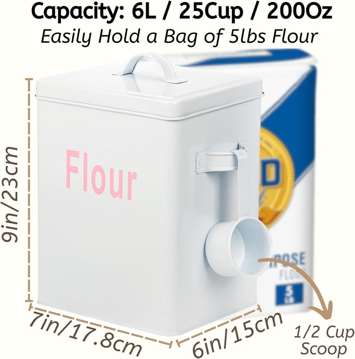 Youeon Metal Flour Container with Scoop and Lid, 6.3 Quart (Holds up to 7 lbs), Galvanized Steel Flour Canister with Handles, Farmhouse Square Storage Bin for Kitchen Counter, Pantry, White
