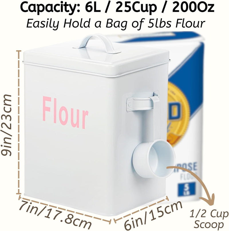 Youeon Metal Flour Container with Scoop and Lid, 6.3 Quart (Holds up to 7 lbs), Galvanized Steel Flour Canister with Handles, Farmhouse Square Storage Bin for Kitchen Counter, Pantry, White