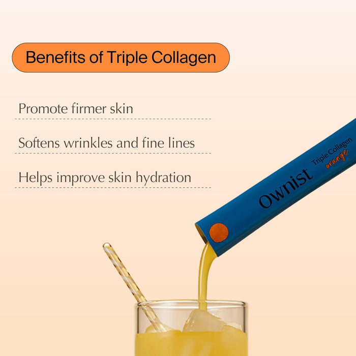 Ownist Triple Collagen Liquid Packets On-The-Go - Peptides with Hydrolyzed Marine Collagen, Elastin, Hyaluronic Acid and Vitamin for Healthy Skin - Orange Flavor - 84 Individual Stick Packs (6 Boxes)