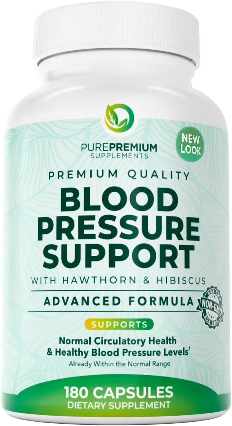PurePremium Blood Pressure Supplements with Hawthorn Berry, Hibiscus, Garlic & Vitamin B12- Nitric Oxide Supplement for Normal Heart Health, Circulation Health & Blood Pressure Support - 90ct