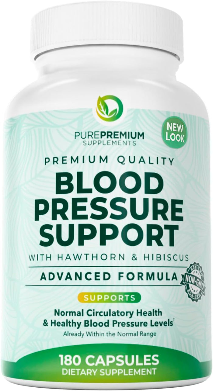 PurePremium Blood Pressure Supplements with Hawthorn Berry, Hibiscus, Garlic & Vitamin B12- Nitric Oxide Supplement for Normal Heart Health, Circulation Health & Blood Pressure Support - 90ct