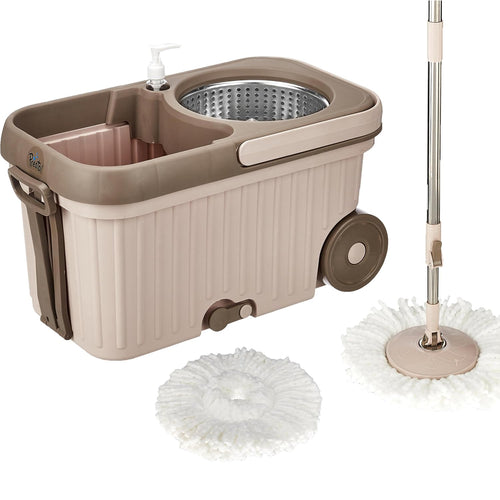 Amazon Brand - Presto! Elite Spin Mop with Steel Wringer and Auto-fold Handle, Chestnut, 2 Refills