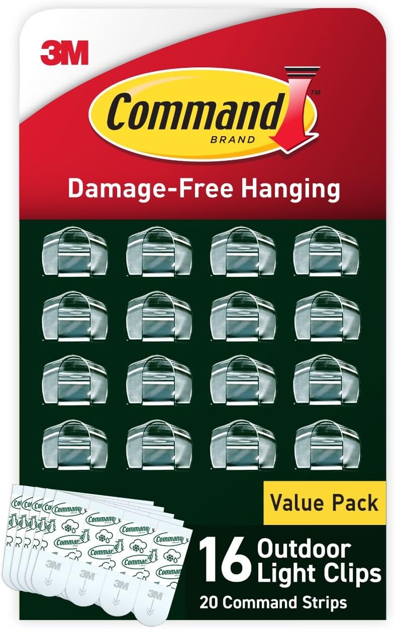 Command Outdoor Light Clips, 20 Clear Clips and 24 Command Strips, Damage Free Hanging Outdoor Light Clips with Weather Resistant Strips, Wall Clips for Hanging Outdoor Lights and Cable Management