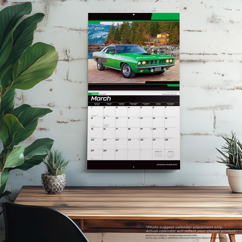 American Muscle Cars OFFICIAL | 2026 14 x 24 Inch (Hanging) Monthly Deluxe Wall Calendar | Foil Stamped Cover | Plastic-Free | BrownTrout | Racing Ford Chevrolet Chrysler Oldsmobile Pontiac