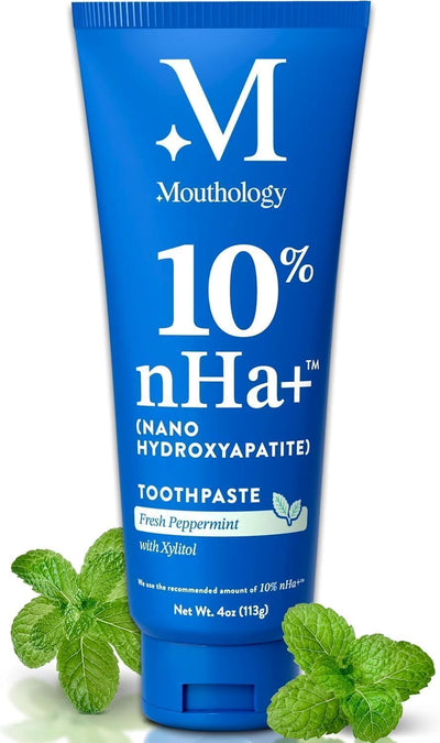 Mouthology 10% Nano Hydroxyapatite Toothpaste (Fluoride Free), Whitening*, Supports Enamel Care*, Appropriate for Sensitive Teeth*, SLS Free, Xylitol nHA Toothpaste for Adults, Mint 4oz (USA Made)