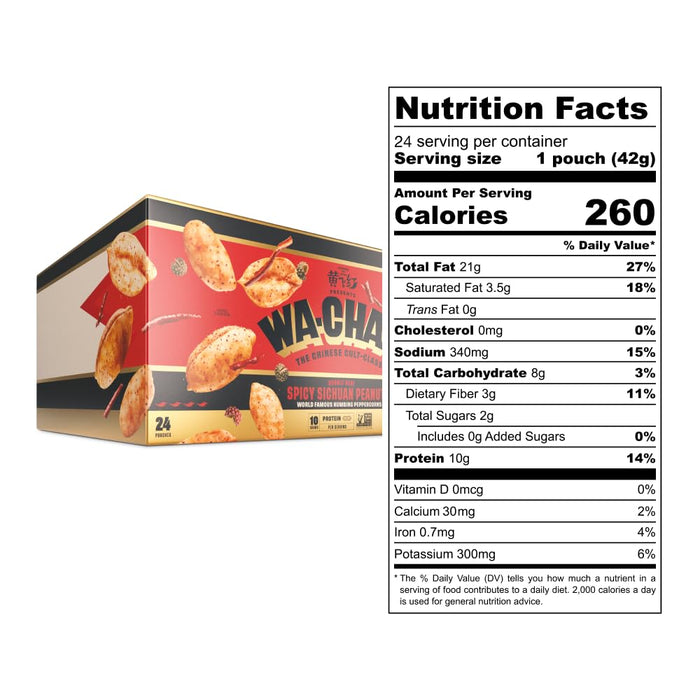 WA-CHAA! Spicy Sichuan Peanuts, Numbing Mala Peppercorns, Toasted Chili Flakes, Protein-Packed, Party Snacks, Non-GMO, On-The-Go Travel Size 1.5 Oz (24 Pack, Double Heat)
