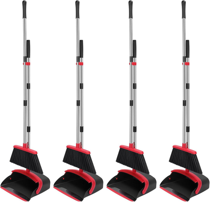 NACENA Broom and Dustpan Set, 52-in Long Adjustable Handle Broom Dustpan Combo with Dustpan Teeth to Automatically Clean Hair Suitable for Home Kitchen Office Hall Floor（Black&Red）