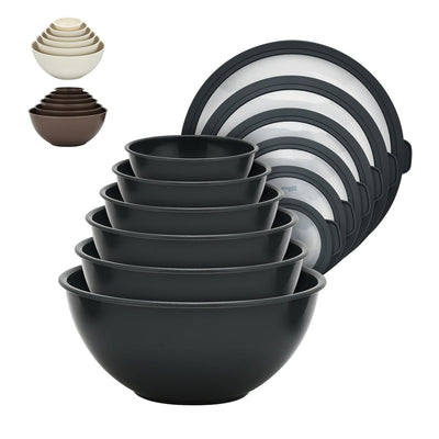 12 Piece Plastic Nesting Bowls with Lids - Mixing Bowls Set includes 6 Prep Bowls and 6 Lids, BPA-Free, Reusable Meal Prep Containers, Microwave, Freezer & Dishwasher Safe, Gray