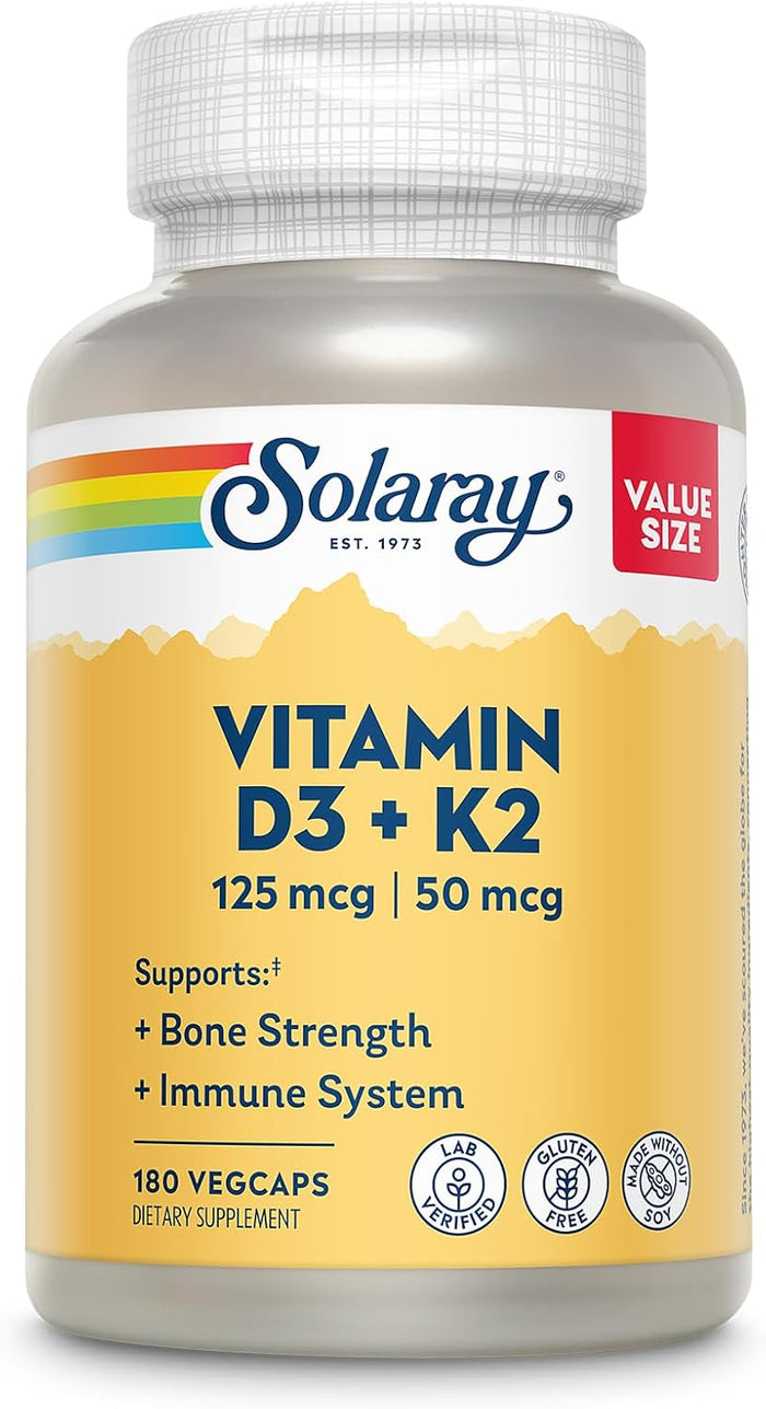 SOLARAY Vitamin D3 K2 - Bone Health and Immune Support Supplement - with 5000 IU Vitamin D as VIT D3 and 50 mcg Vitamin K2 as Menoquinone MK7, Made Without Soy, 60-Day Guarantee, 60 Serv, 60 VegCaps