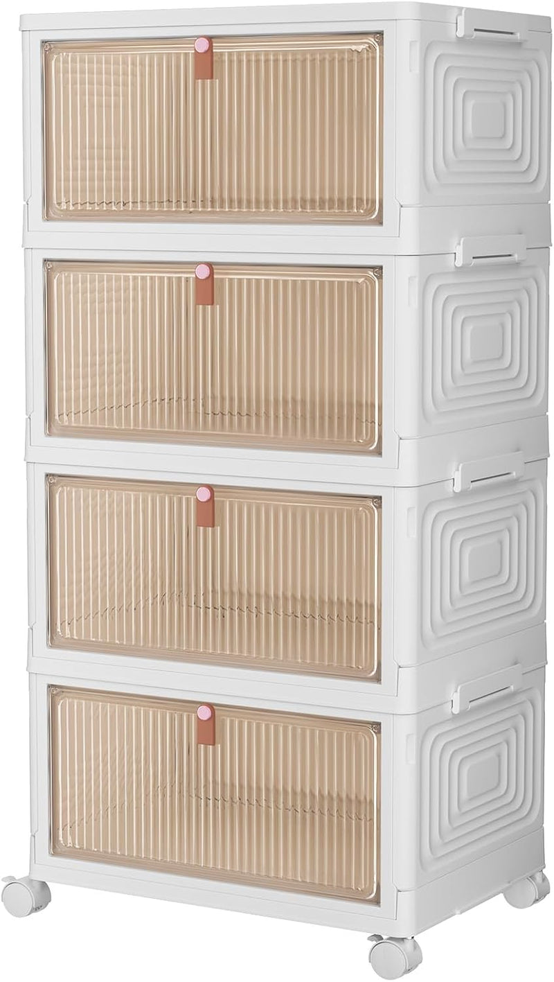 CTSNSLH 4 Tier Plastic Storage Bins and Boxes Organizer - Stackable with Lids for Bedroom, Living Room, Office - Foldable Containers