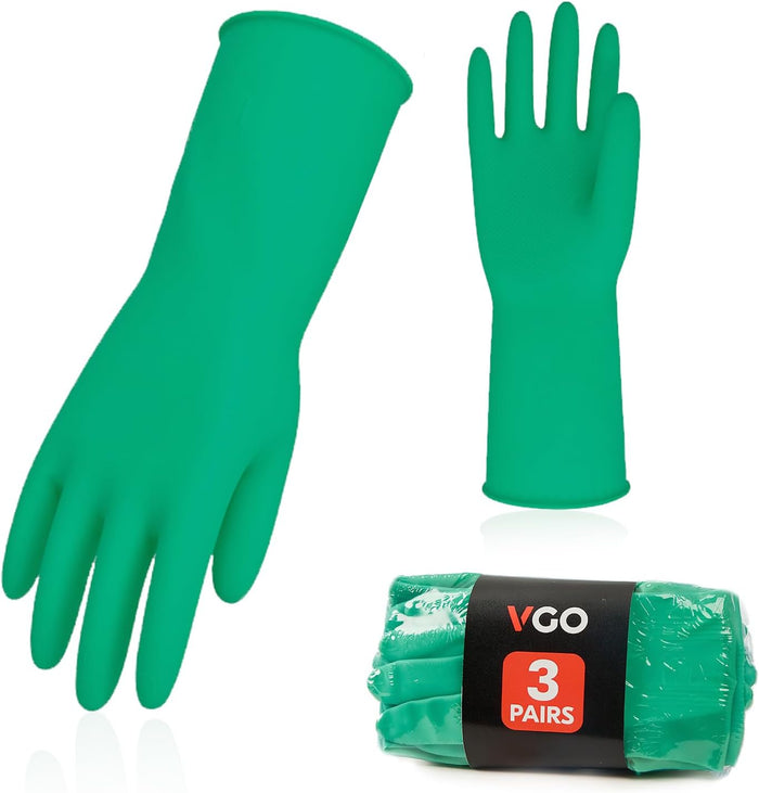 Vgo... 2-Pairs Reusable Household Gloves, Rubber Dishwashing gloves, Extra Thickness, Long Sleeves, Kitchen Cleaning, Working, Painting, Gardening, Pet Care (Size M, Green, HH4601)