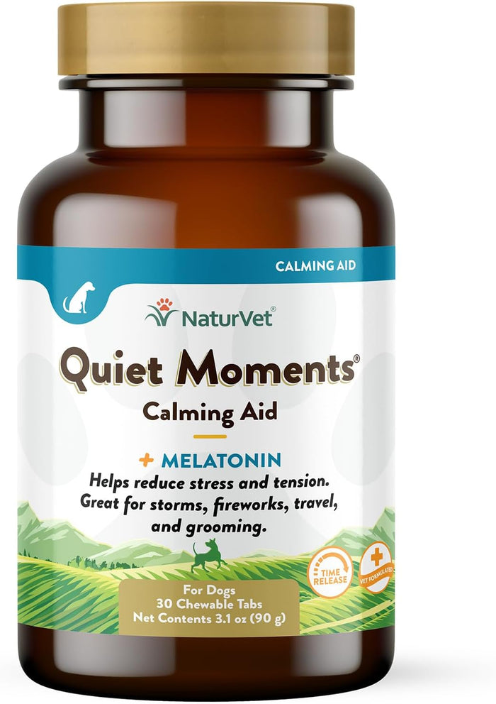NaturVet Quiet Moments Calming Dog Supplement, Dog Soft Chews with Melatonin to Help Reduce Stress from Storms, The Vet, Fireworks, and Travel, Bacon and Chicken Flavored Pet Supplement, 70 Count Jar