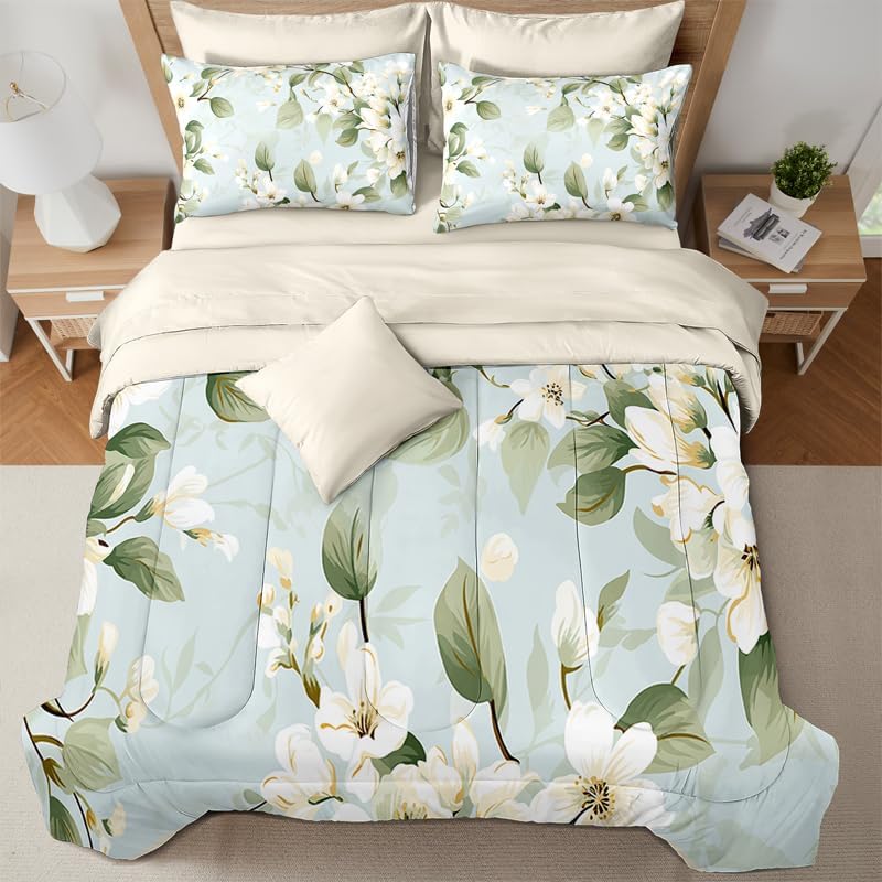7 Pcs Queen Size Comforter Set with Pillowcases & Shams, Red and White Paisley Floral Bedding, Classic All-Season Bed in a Bag with Flat and Fitted Sheets