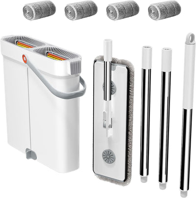 CTIME 15.74“Mop and Bucket with Wringer Set for Home : Hands-Free Flat Floor Mop Bucket Wet Dry Use Floor Cleaning System for All Floor Types and Windows-4 Pads