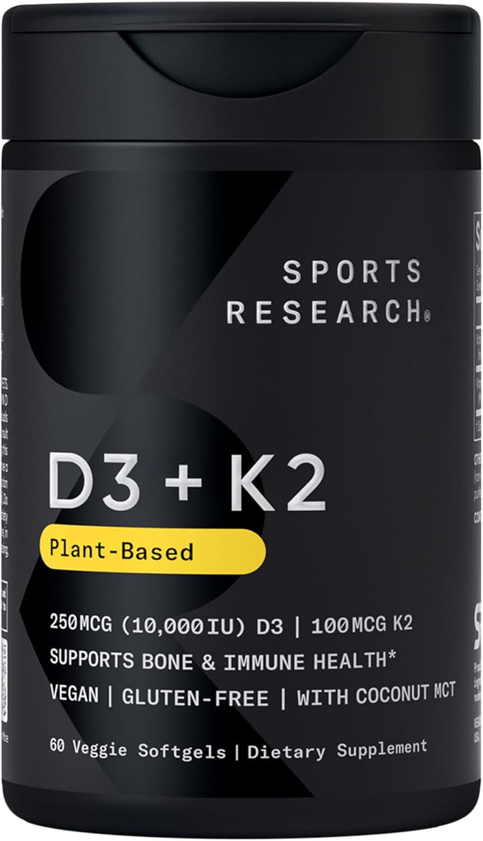 Sports Research® Vitamin D3 + K2 w/ Coconut Oil - Vegan Vitamin D 5000iu & Mk7 Vitamin K 100mcg for Bone & Immune Support - Vegan Certified · Non-GMO · Soy Free - 60 Softgels