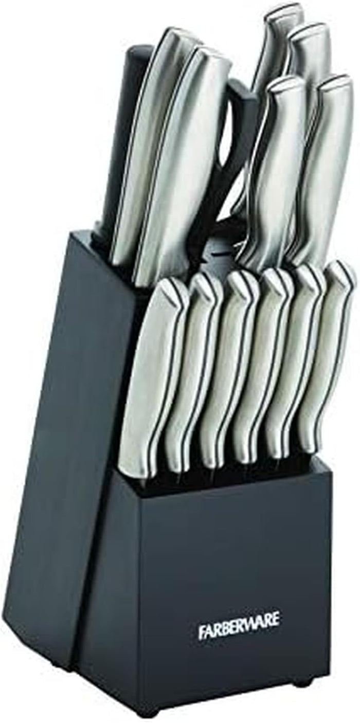 FARBERWARE 15-Piece Kitchen Knife Set with High-Carbon Stainless Steel Blades, Black Handles, Steak Knives, Wood Block, Razor Sharp and Ergonomic
