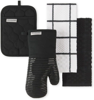 KitchenAid Quilted Cotton Terry Cloth Oven Mitt, Pot Holder, Kitchen Towel 4-Pack Set, Heat Resistant, Silicone Grip, Gift Set, Matte Black, 16"x26", 7"x13" & 7"x10"