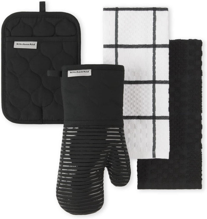 KitchenAid Quilted Cotton Terry Cloth Oven Mitt, Pot Holder, Kitchen Towel 4-Pack Set, Heat Resistant, Silicone Grip, Gift Set, Matte Black, 16"x26", 7"x13" & 7"x10"