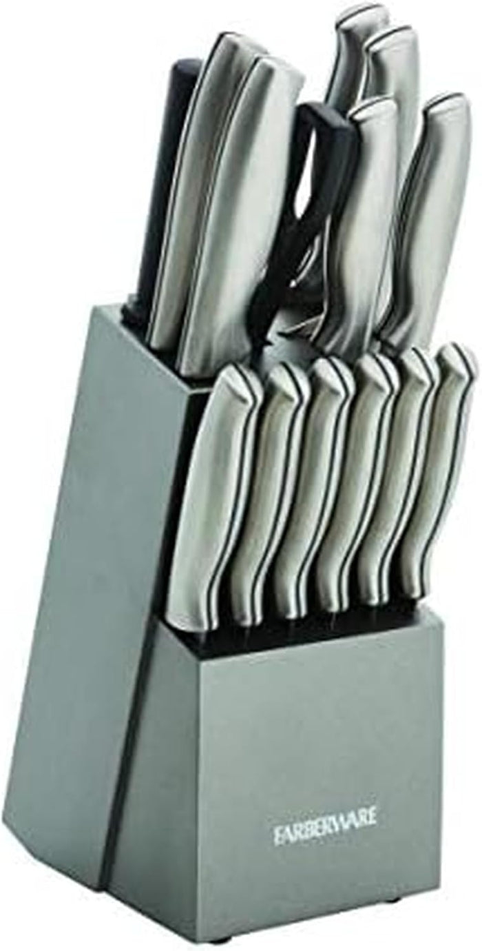 FARBERWARE 15-Piece Kitchen Knife Set with High-Carbon Stainless Steel Blades, Black Handles, Steak Knives, Wood Block, Razor Sharp and Ergonomic