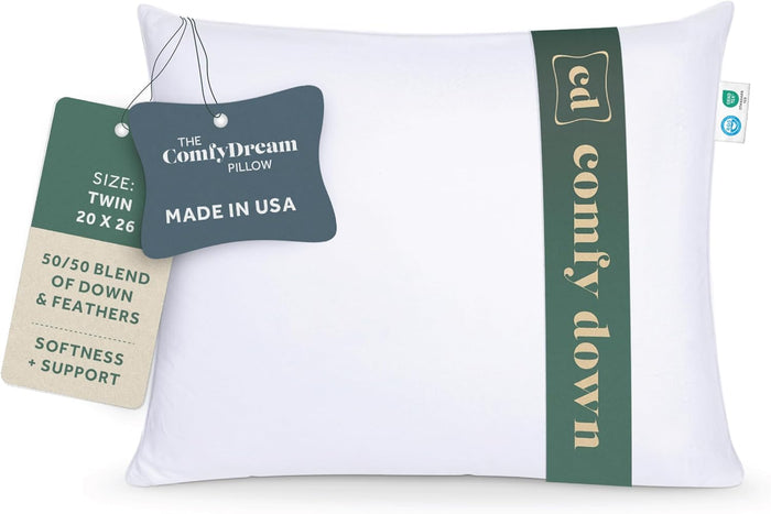 ComfyDown 50/50 Down Feather Blend ComfyDream Bed Pillow for Sleeping, Egyptian Cotton Cover, Made in USA, Twin Size (Twin)