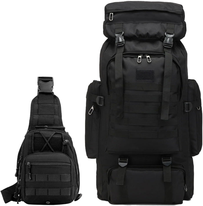 JUMAHE 80L 2-pack Hiking Backpack for Men with Sling Tactical Backpack - Rucksack Molle Military Tactical Waterproof Lightweight Camping Backpack 3 Day Assault Pack for Travel, Climbing, Backpacking